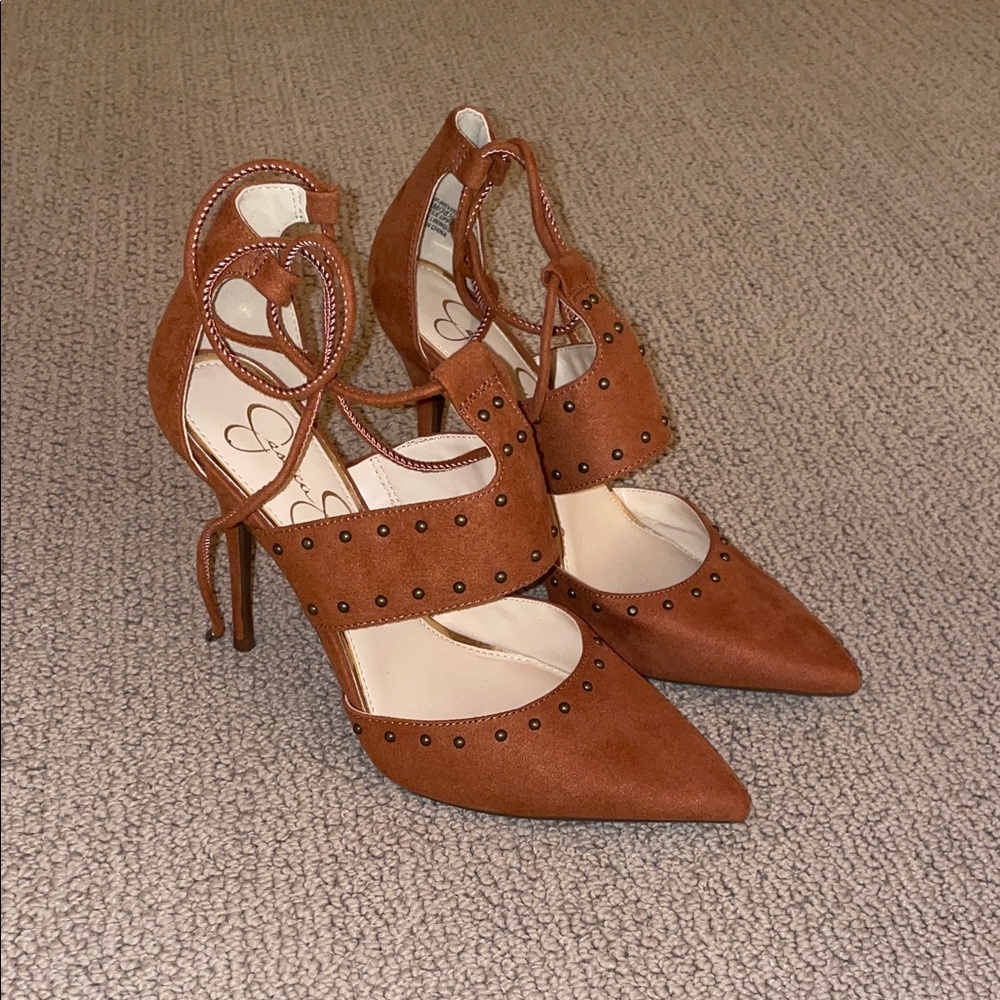 Never Worn! Women's Tan Lace-Up Pointed Toe Heels with Stud Detail